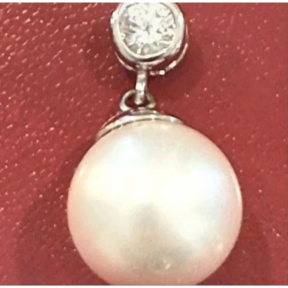 Large 14-15mm faux Pearl with CZ round diamond accent pendant